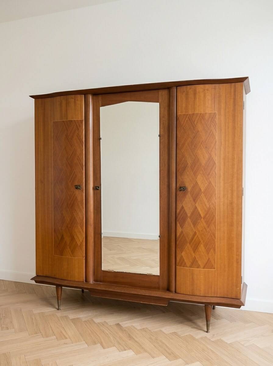 Antique 3-door Art Deco wardrobe in mahogany and marquetry