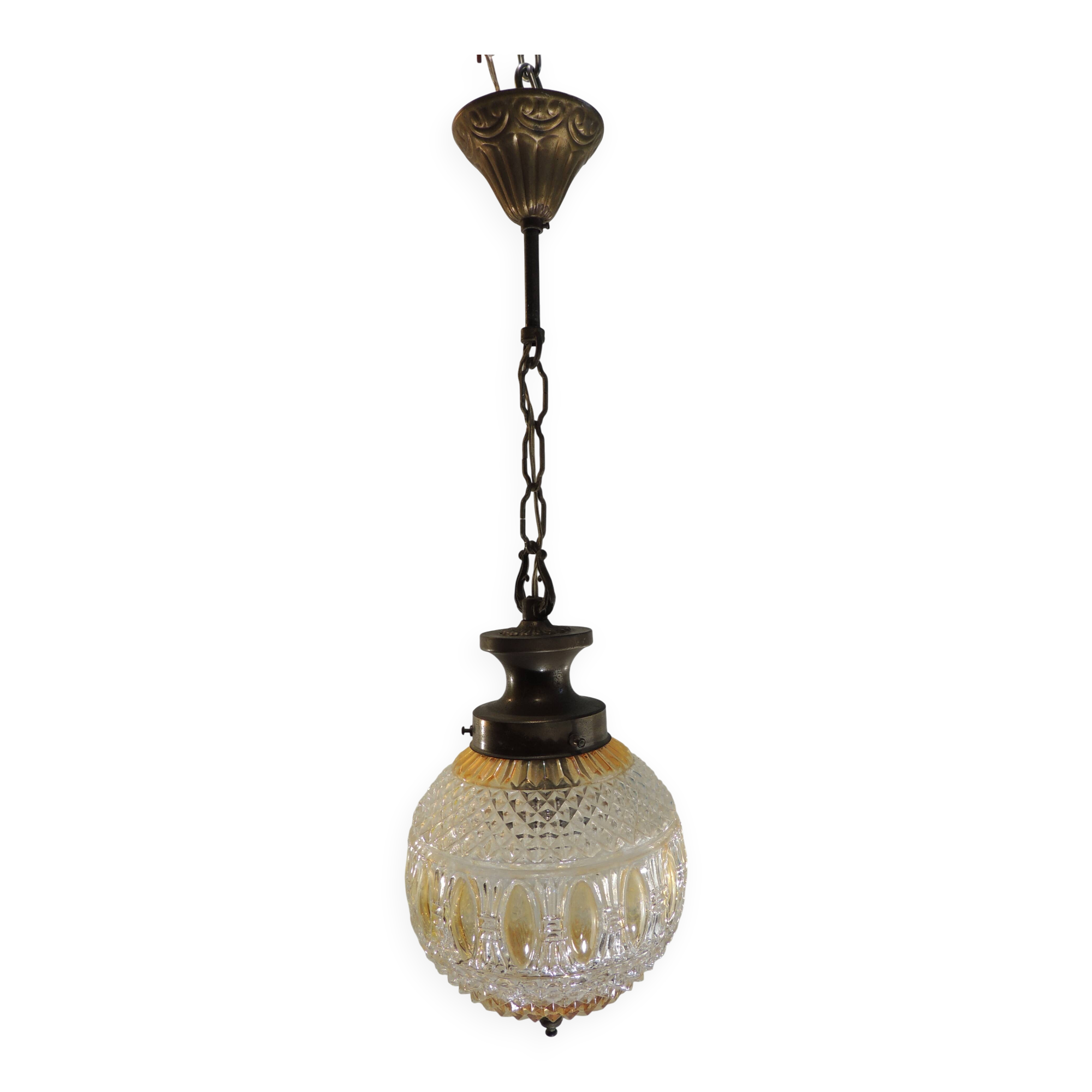 Vintage pendant light in molded glass and brass, glass ball hanging lamp