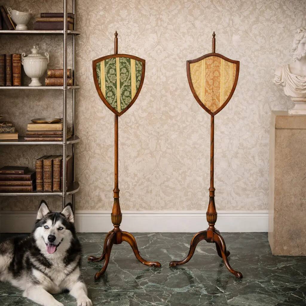 Pair of George IV standing screens in satin wood and fabric, England, 19th century.