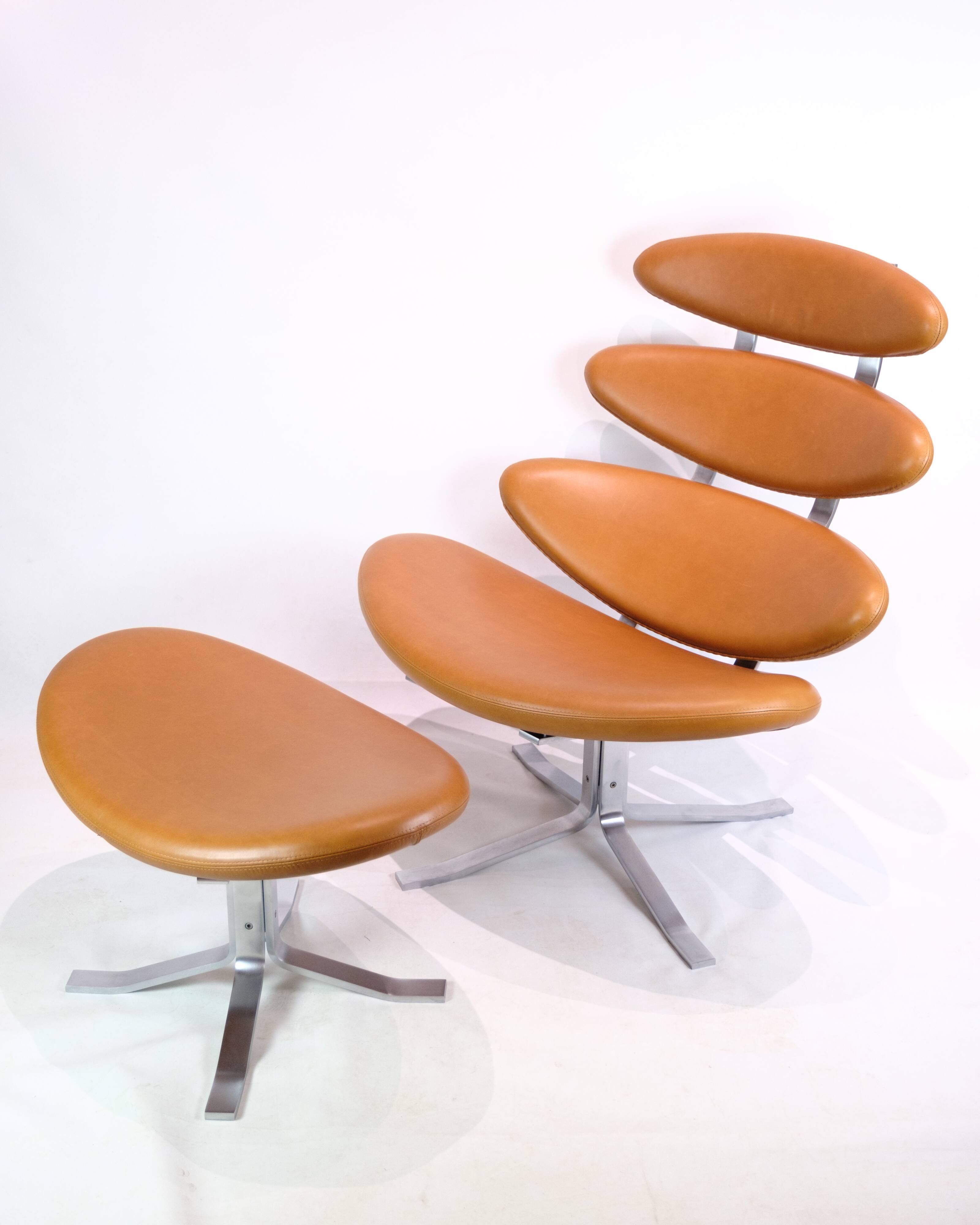 Corona Lounge Chair With Stool Model EJ 5 Made In Walnut Elegance Leather By Poul M. Volther