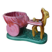 Cache pot, vase, petite jardinière biche faon tirant une charette céramique vintage