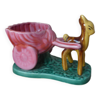 Cache pot, vase, petite jardinière biche faon tirant une charette céramique vintage