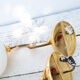 2 wall sconces golden metal gooseneck and opaline lampshade
