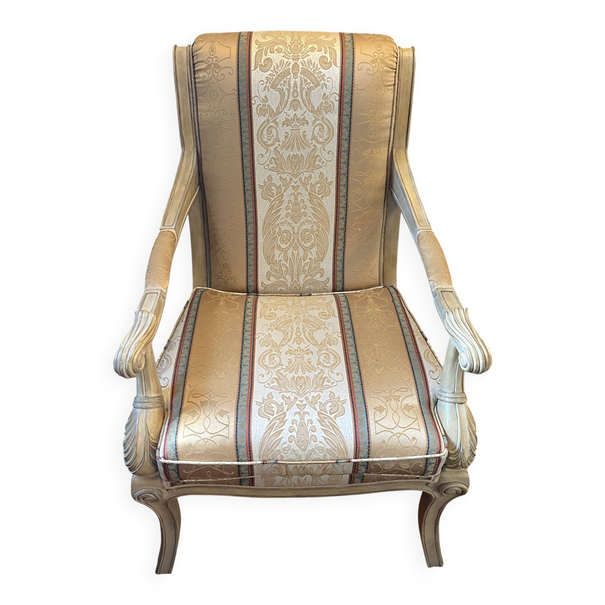 Louis XV bergère in vintage revival; timeless; provincial; French.
