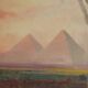 Ancient painting of an exotic landscape with pyramids and figures from the 1800s.