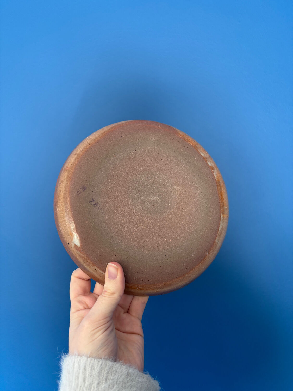 Lot of vintage 1970s beige stoneware dessert plates, handmade.