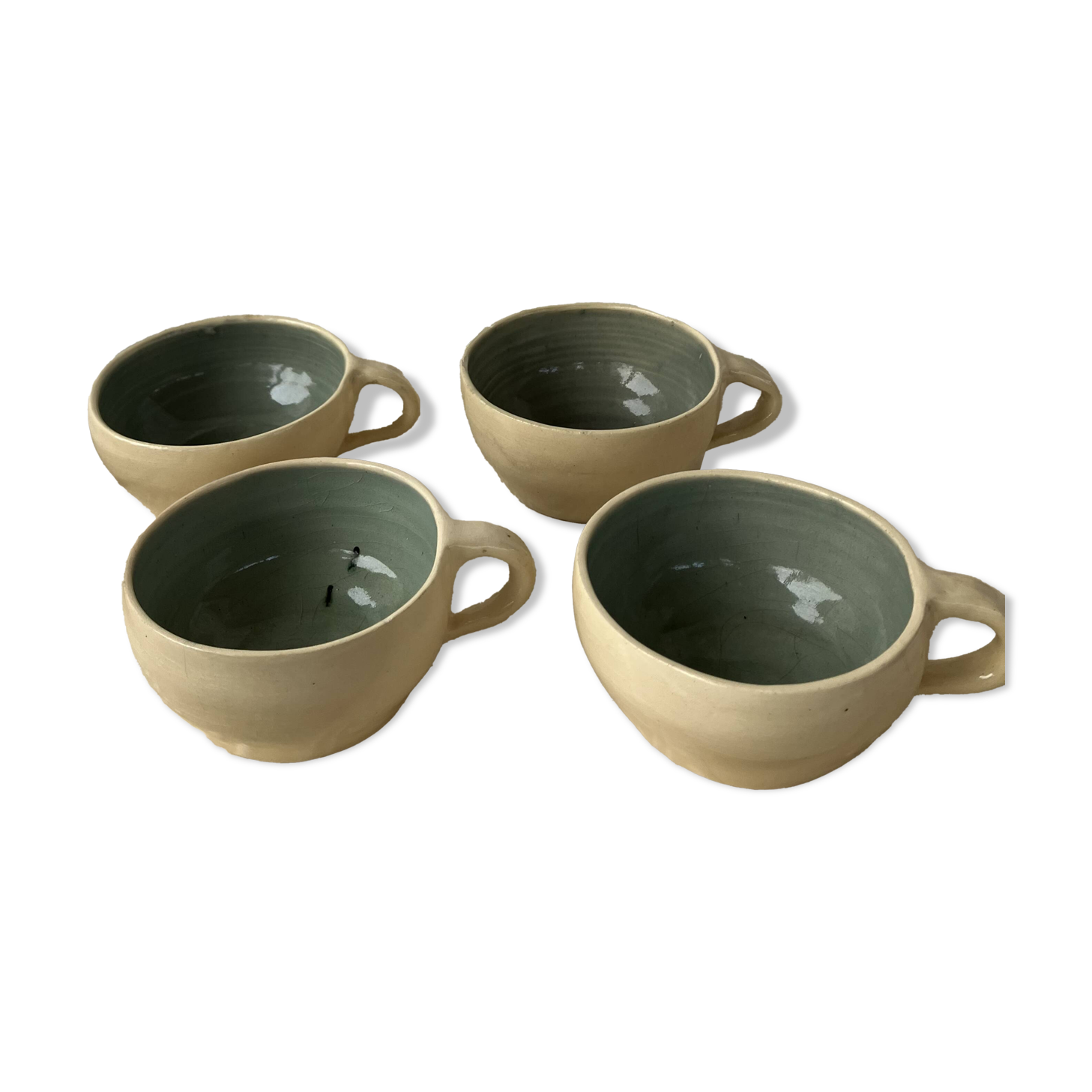 4 handcrafted beige & blue glazed earthenware cups