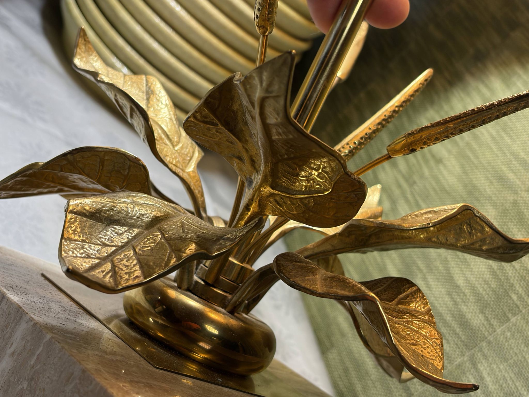 Bronze and travertine water lily lamp attributed to Maison Charles, circa 1970.