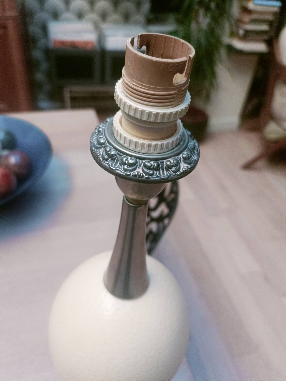English lamp base, ostrich egg