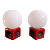 Pair of bedside lamps in red ceramic and white opaline, 1970.