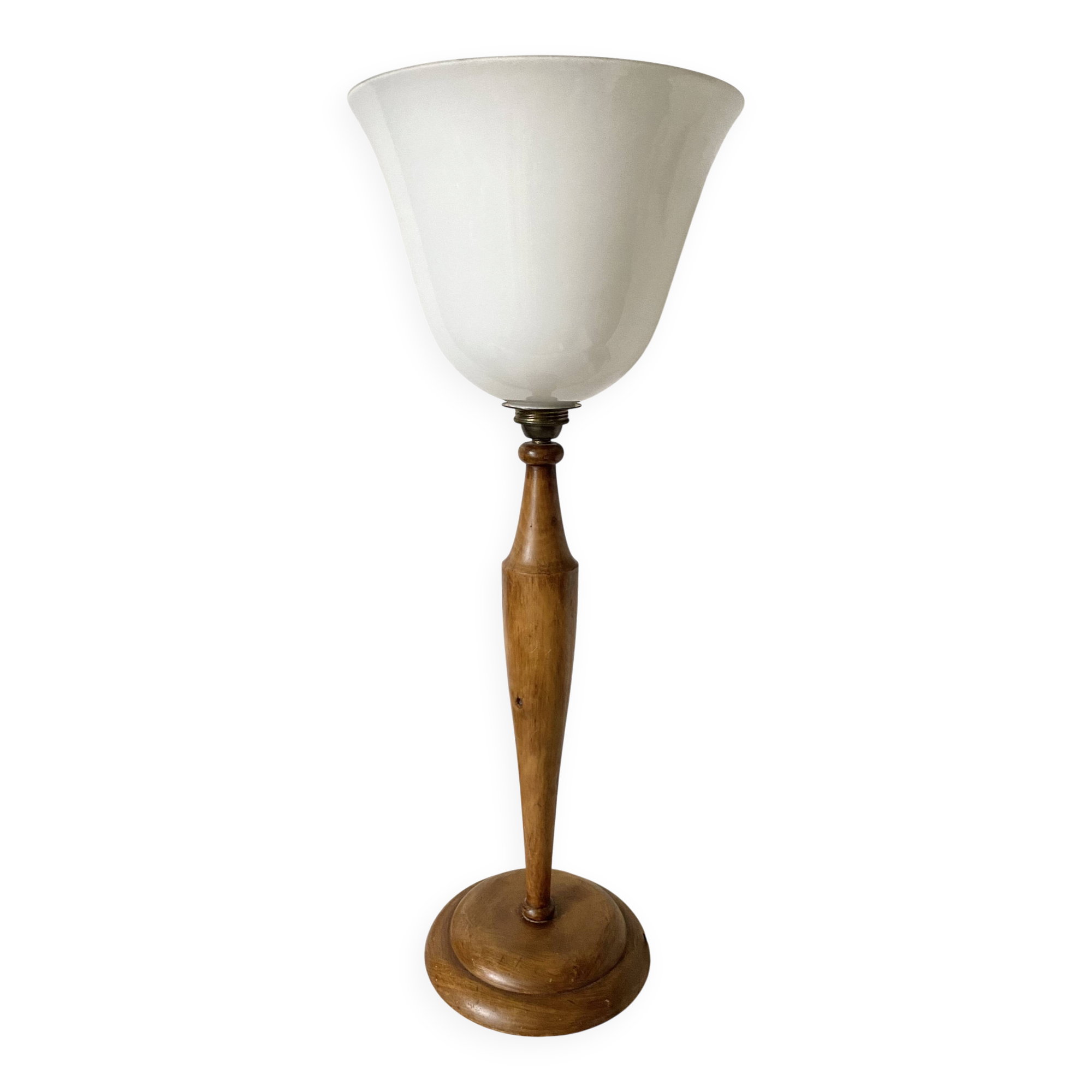 Large Art Deco lamp in Mazda style made of turned wood and opaline.