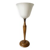 Large Art Deco lamp in Mazda style made of turned wood and opaline.