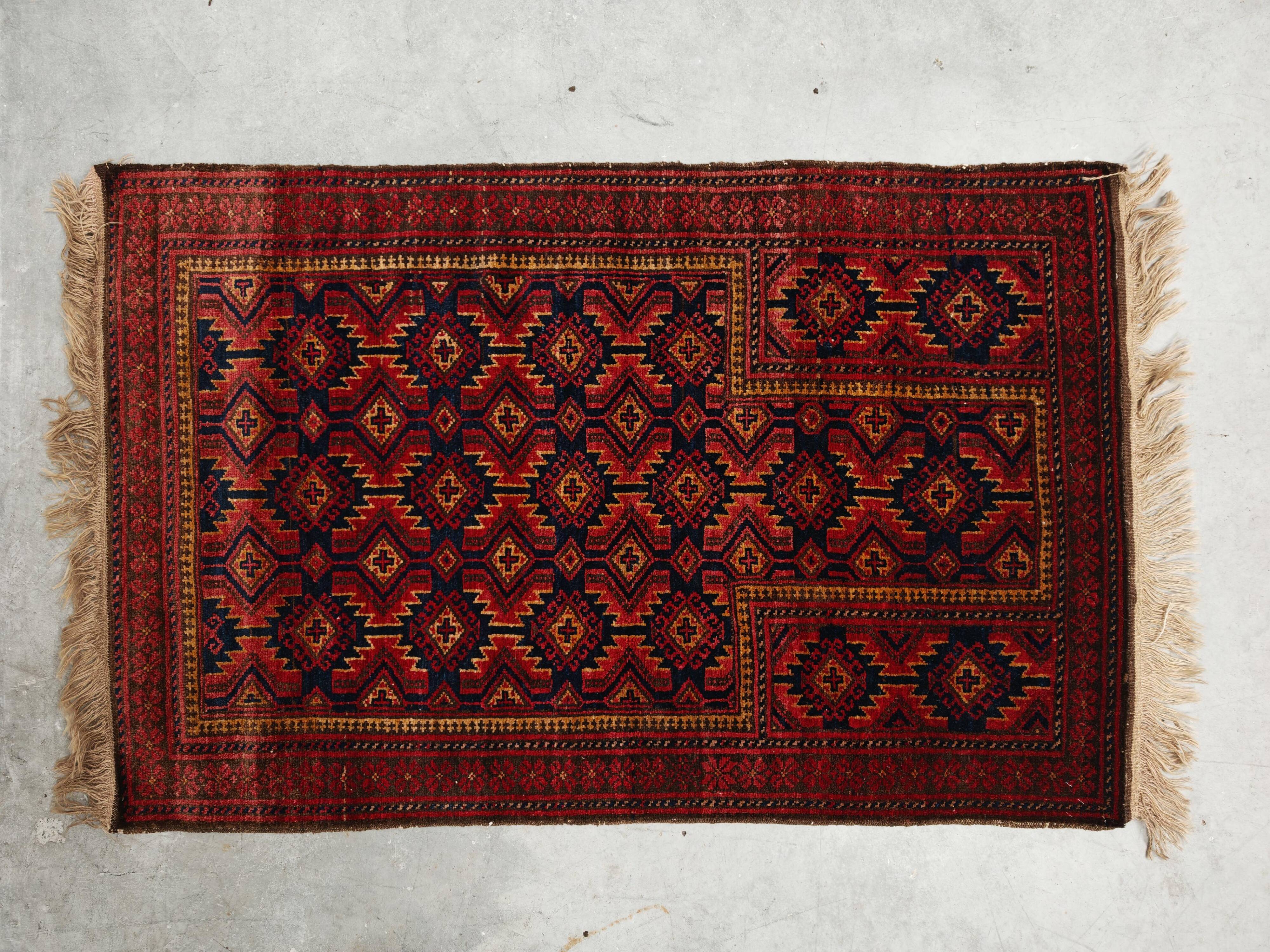 Vintage Baluch prayer rug in wool, Afghanistan 1940s.