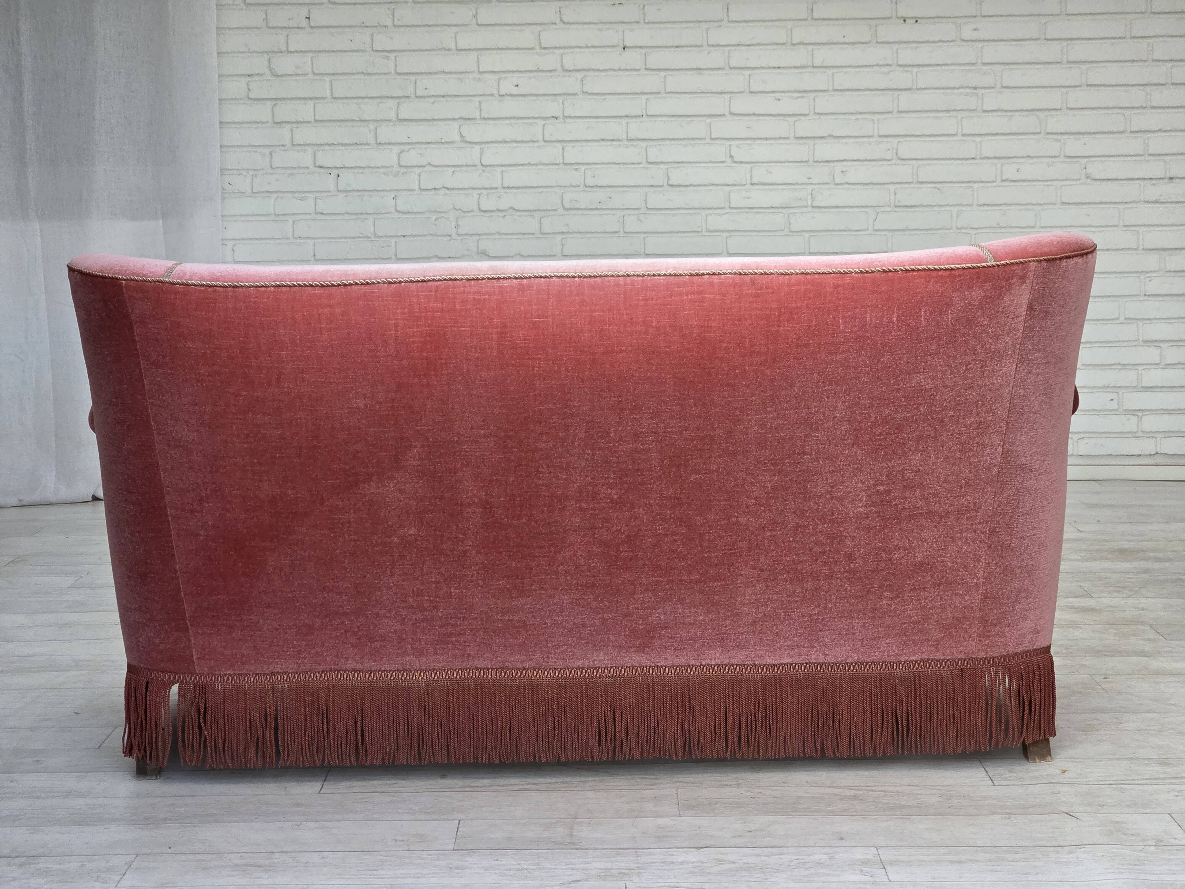 1970s, Danish 2-seater sofa, salmon pink furniture velour, oak wood.
