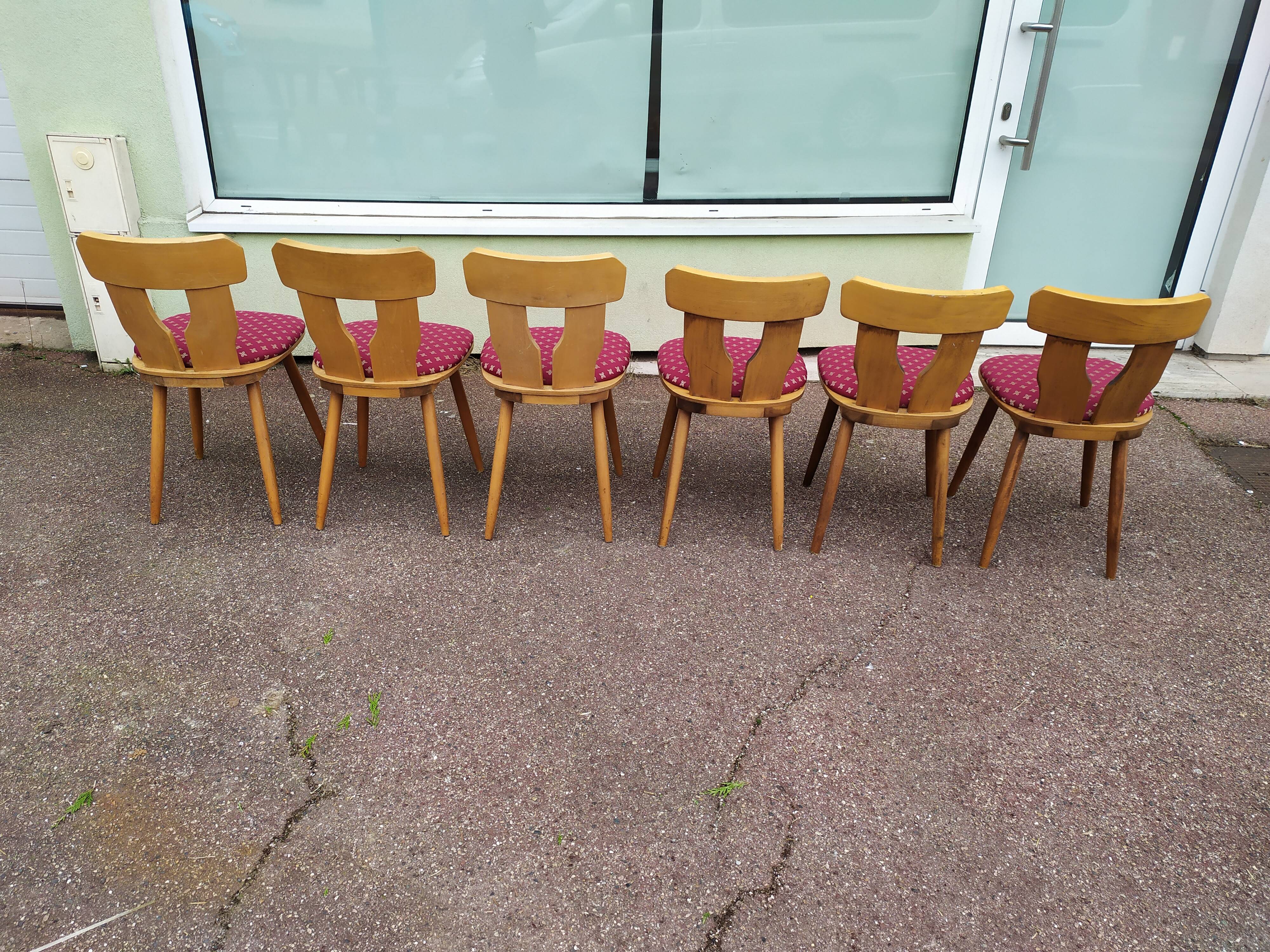 Set of 6 wooden bistro chairs with vintage cushion from the 70s/80s/90s