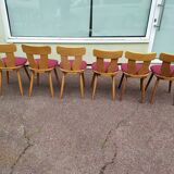 Set of 6 wooden bistro chairs with vintage cushion from the 70s/80s/90s