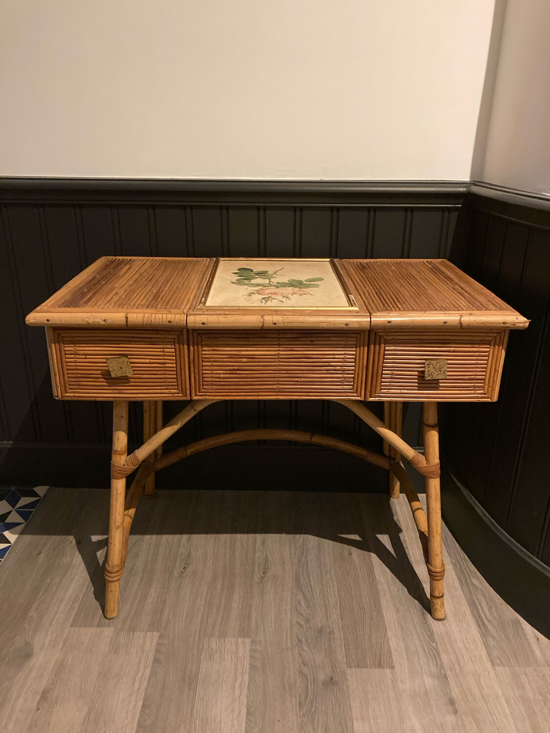 Hairdresser, vintage rattan desk, in the style of Audoux Minet.