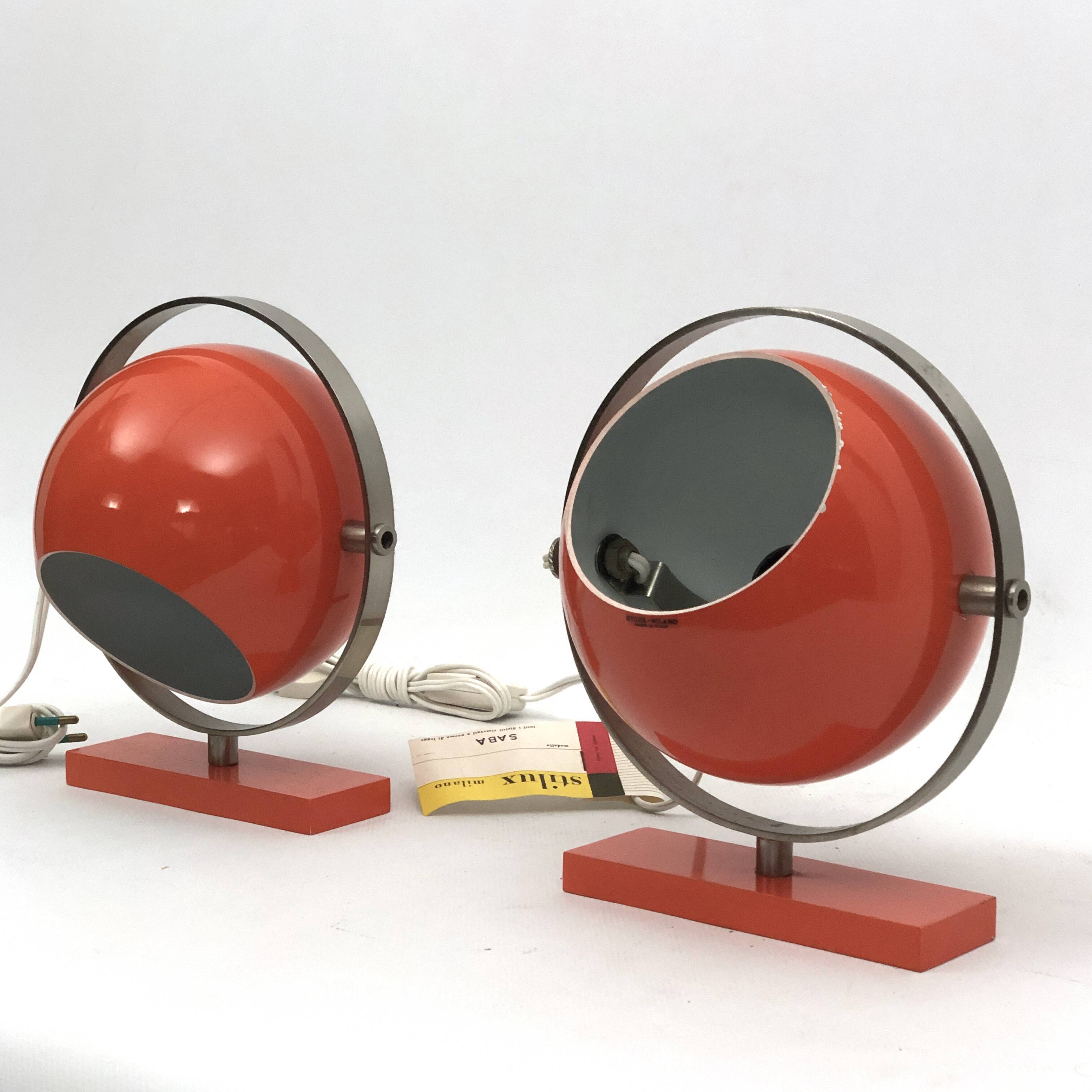 Stilux Milano model Saba, orange globe table lamps from 60s. Set of two