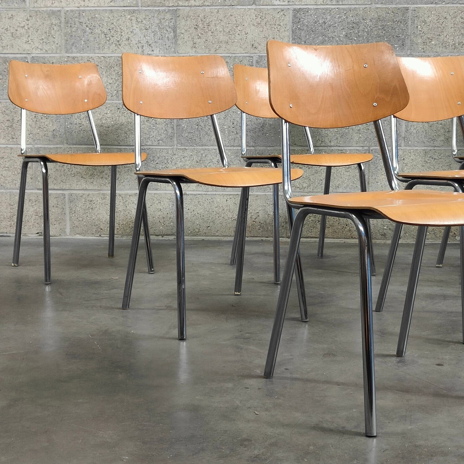 Set of 6 Czech chairs "Kovonac" school type, chrome and wood 1960