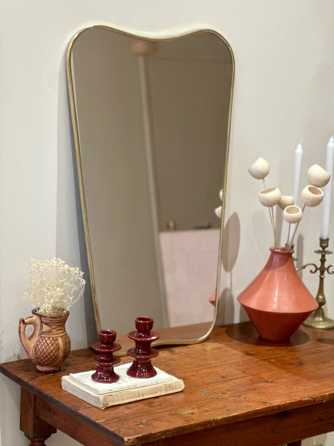 Miroir irrégulier organique trapèze barbier vintage Éden laiton doré