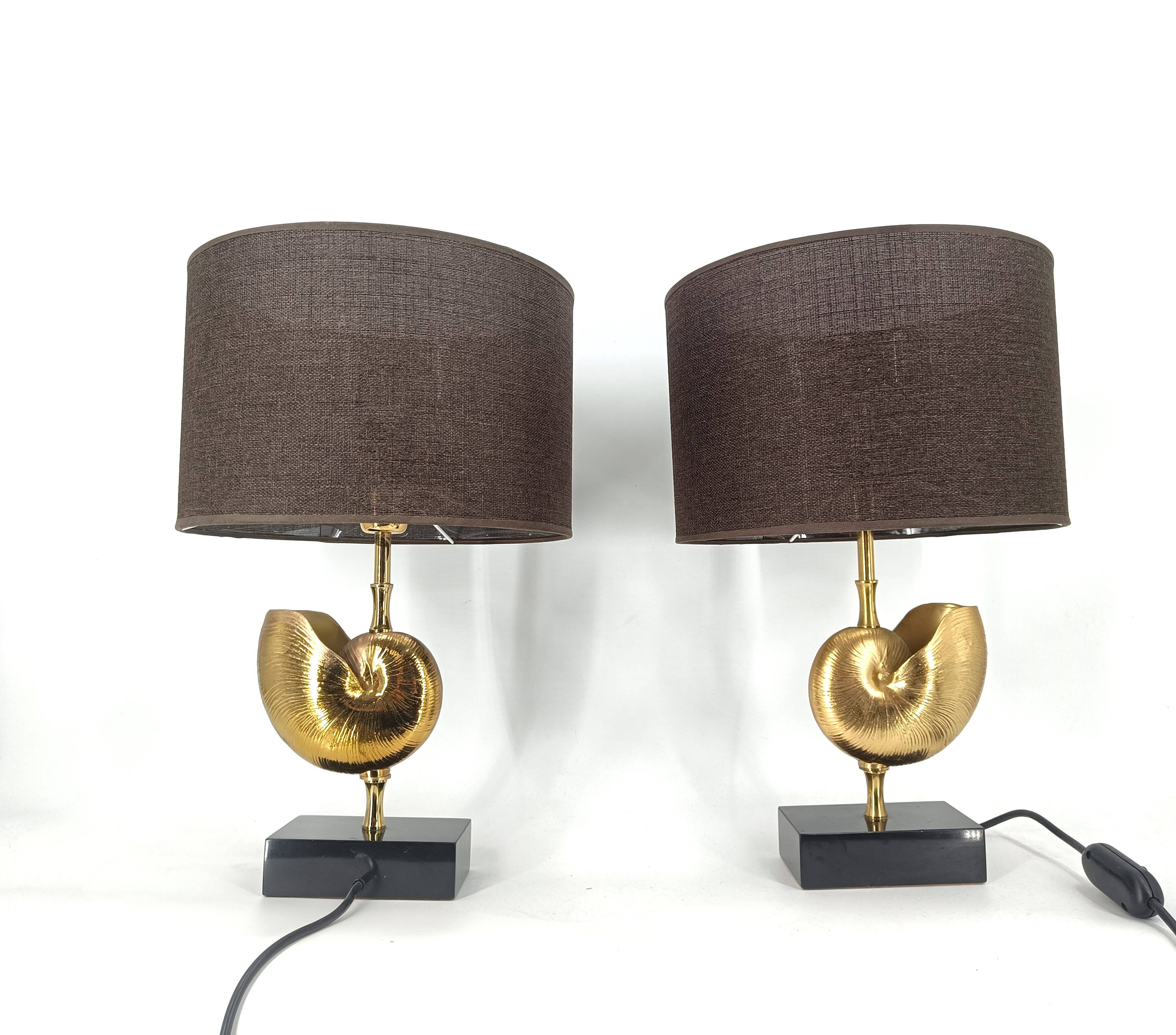Vintage Brass Nautilus Shell Table Lamps 1970's - France  - set of 2