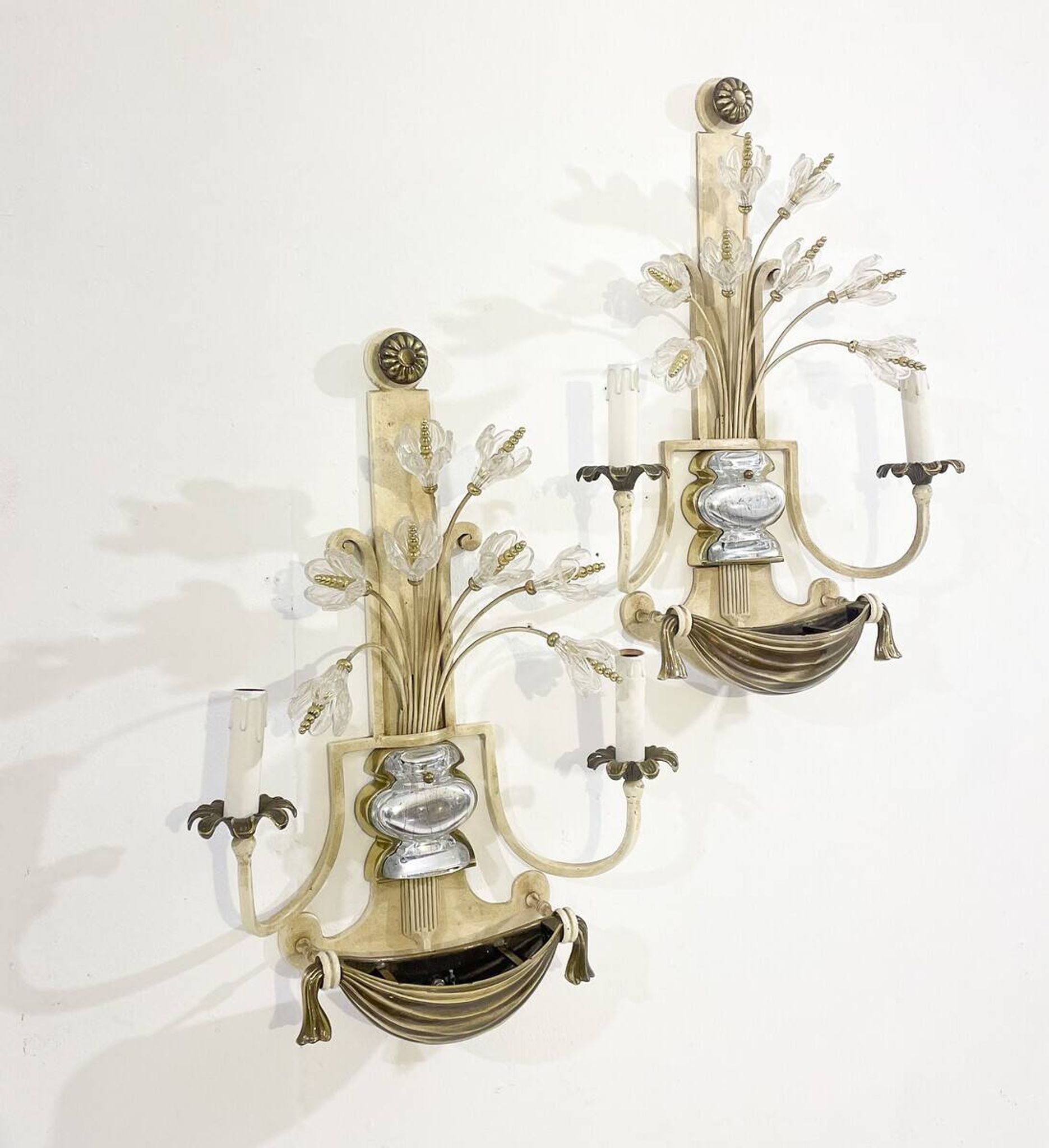 Pair of Silver Wrought Iron And Glass Wall Lights by Banci, Italy, 1940s
