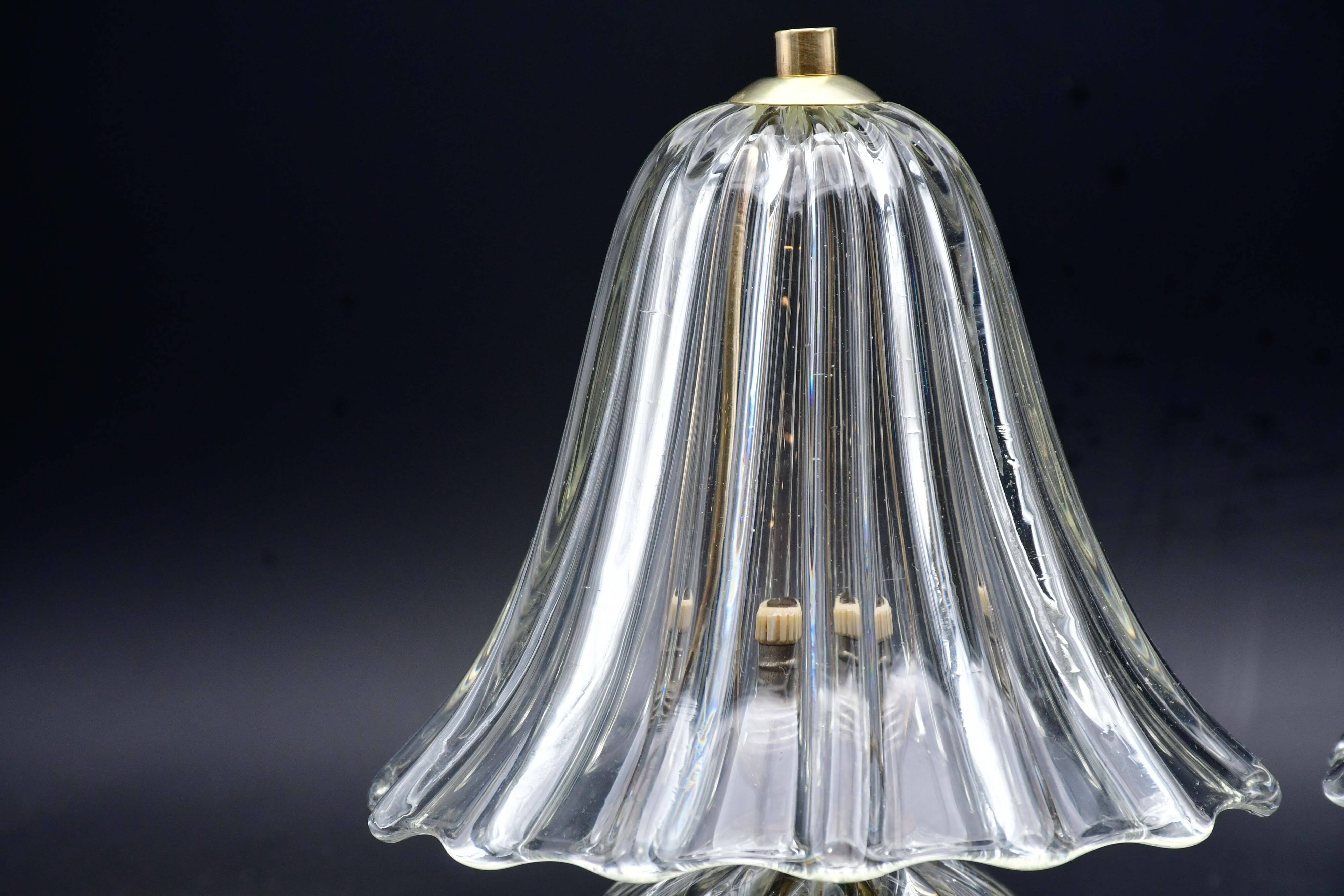 Set of 2 Art Deco Murano glass Barovier e Toso table lamps, 1950