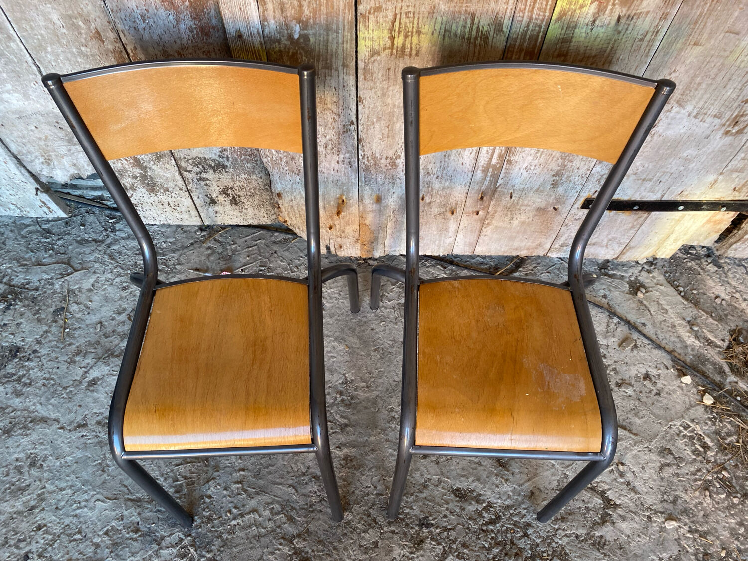Pair of Vintage Style MULLCA Model 510 Grey Metal + Wood Chairs
