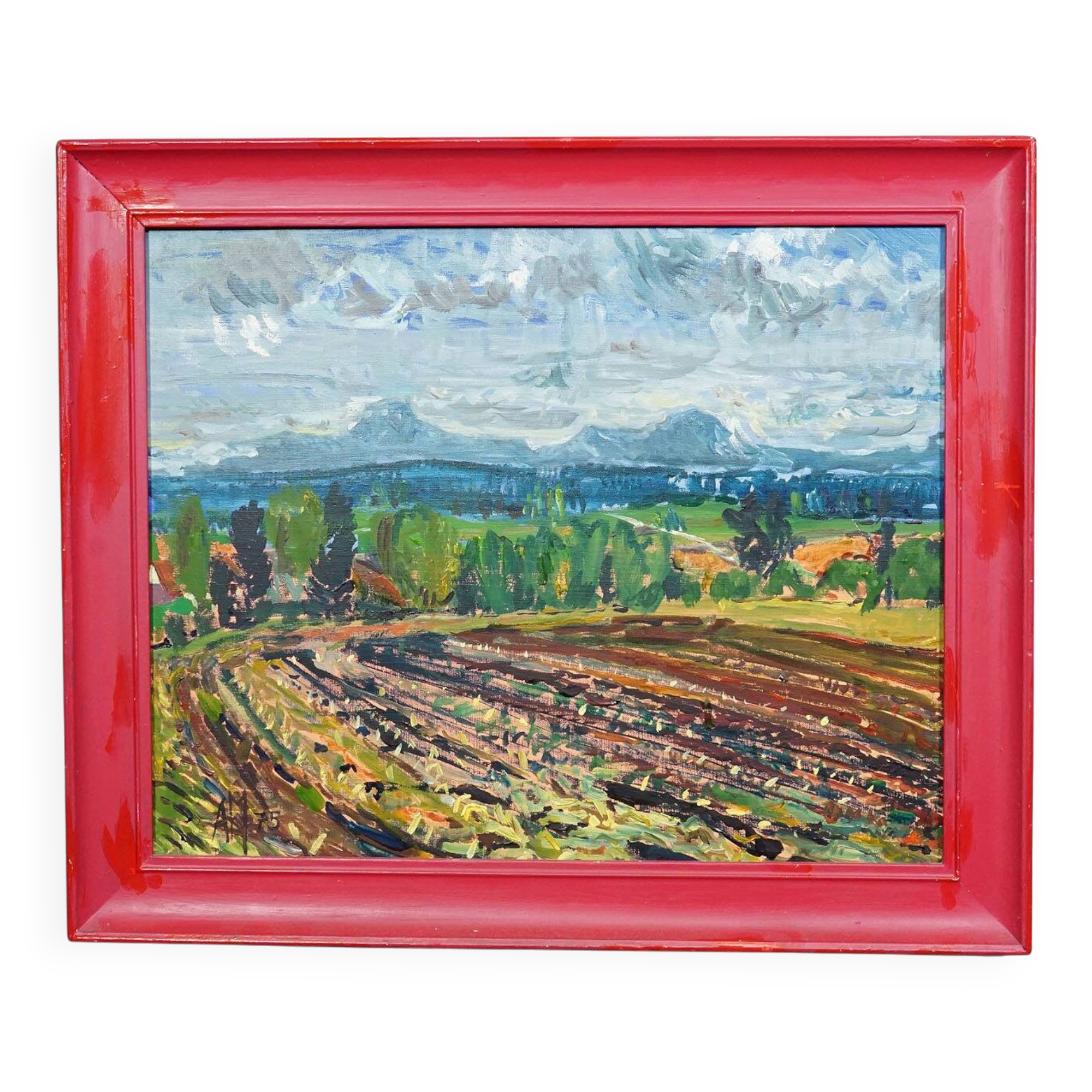 Oil painting by Alexander Michael depicting a landscape with a field, 1975.