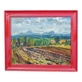 Peinture à l'huile d'Alexander Michael représentant un paysage avec champ, 1975