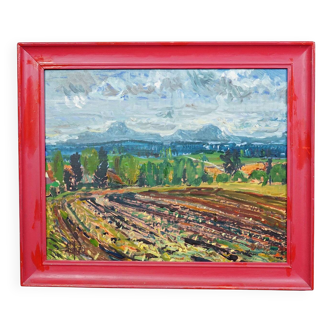 Oil painting by Alexander Michael depicting a landscape with a field, 1975.