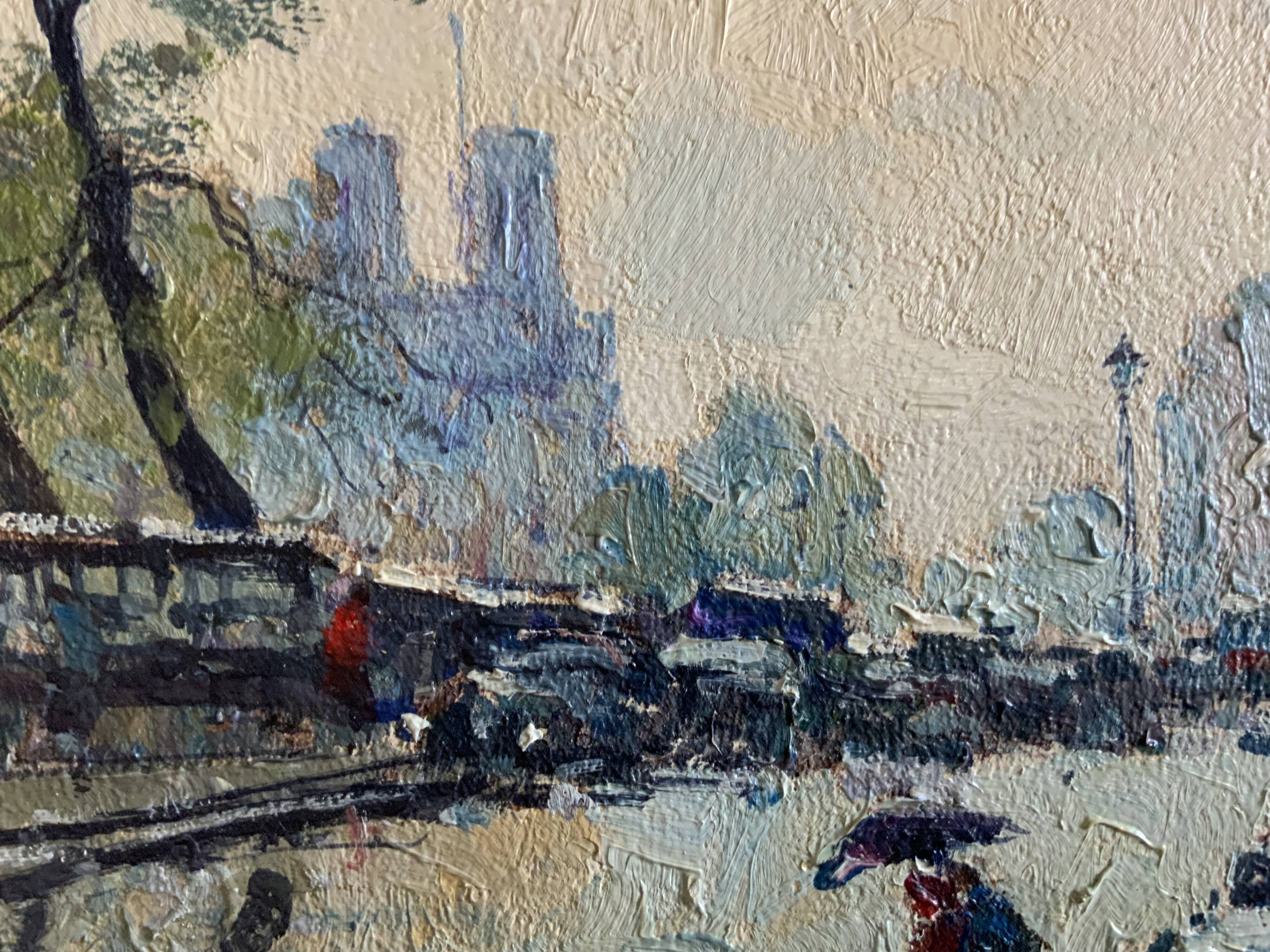 Huile sur toile vintage Notre Dame de Paris, scène de rue sous la pluie, signée 1950