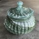 Old candy pot in glass molded effect green and white 12.5 cm