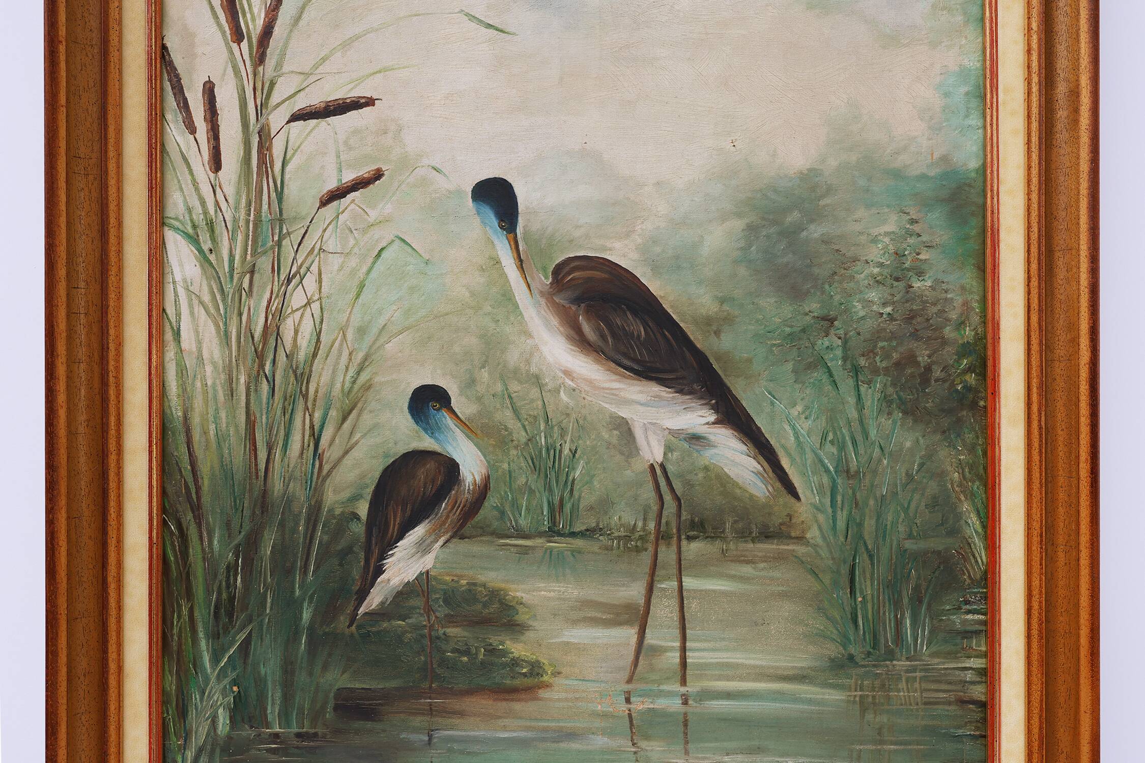 Large decorative painting of birds in water, France 1960s