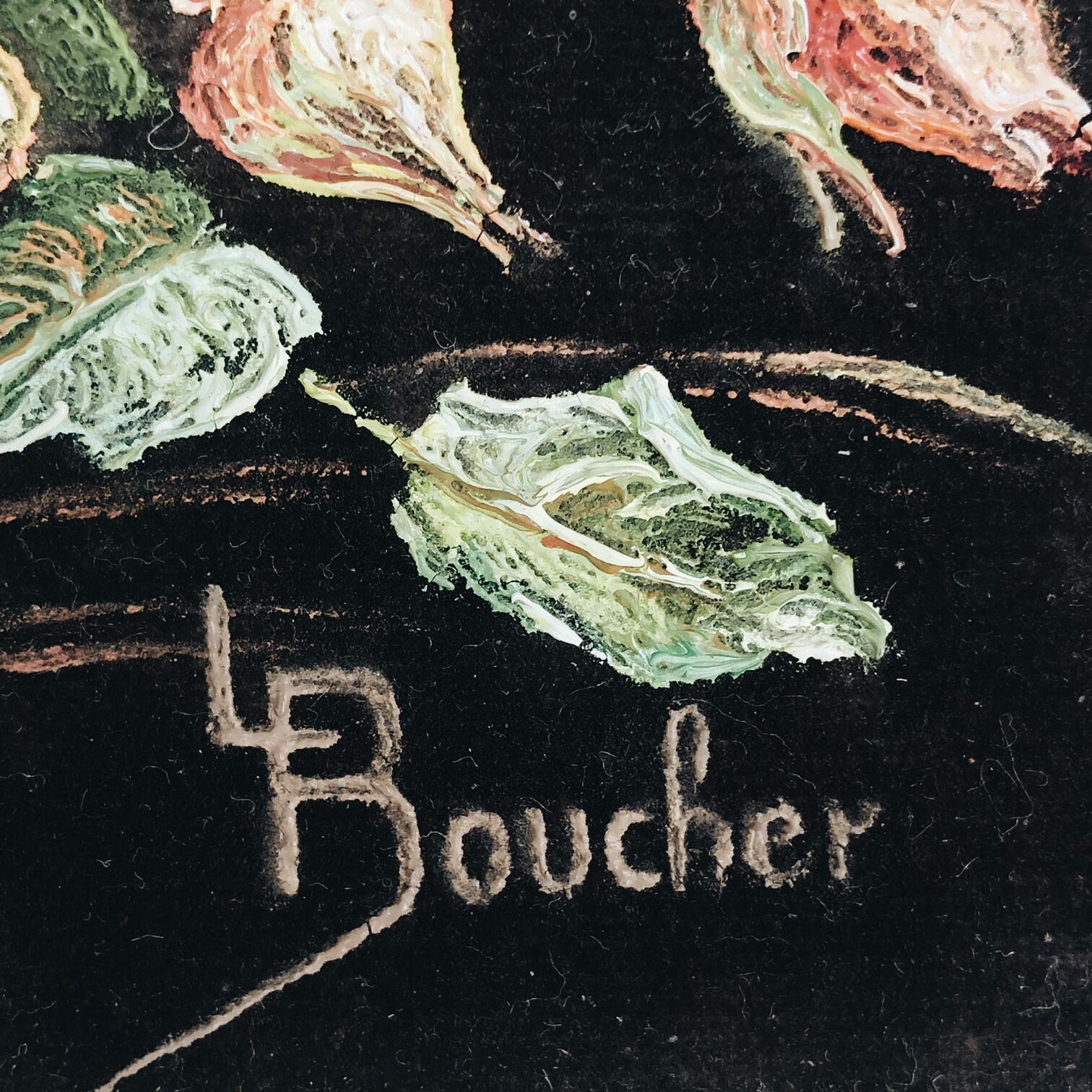 Painting on velvet "La rose" signed L. Boucher