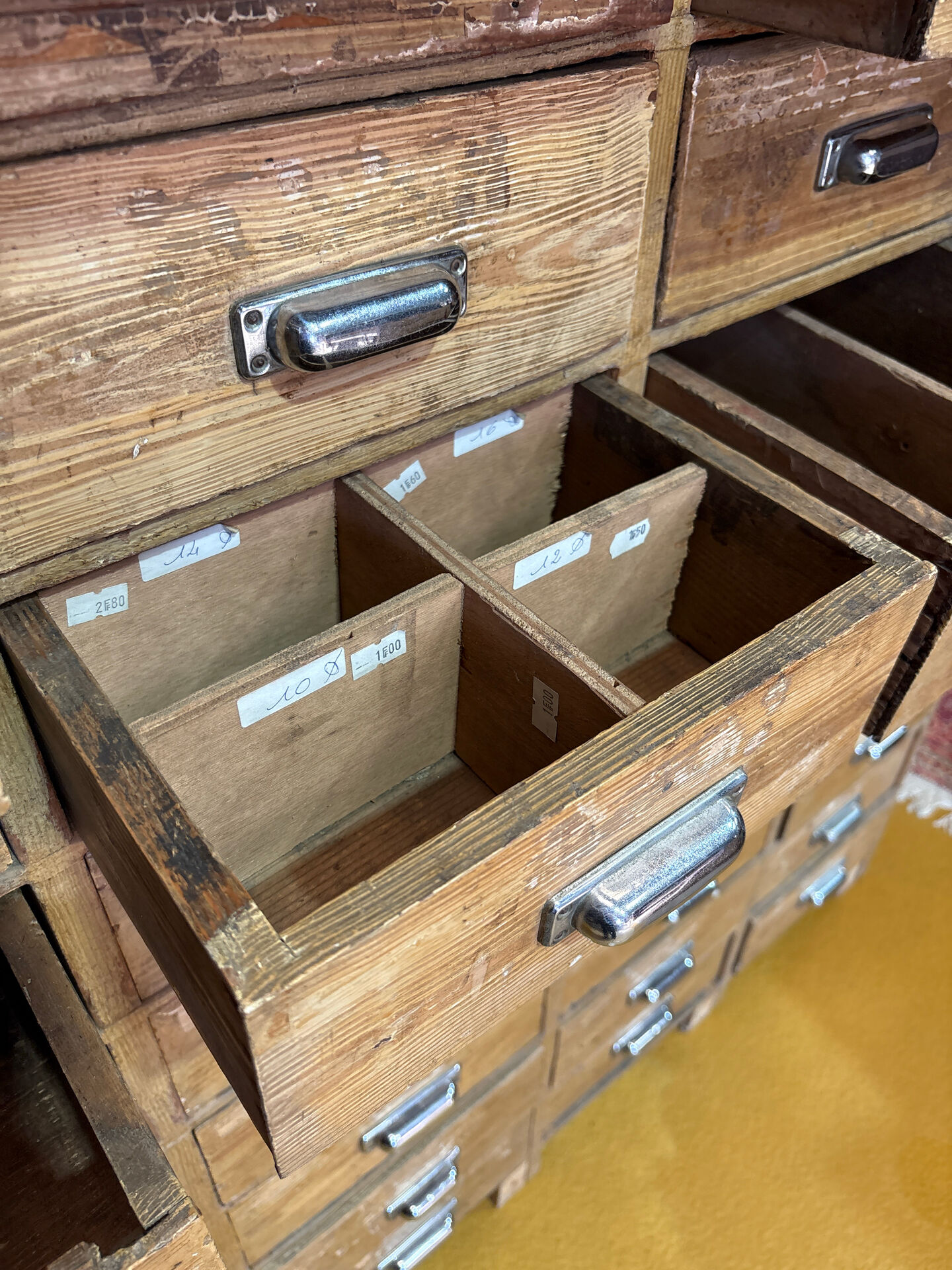 Large antique workshop cabinet with 44 drawers – patinated wood