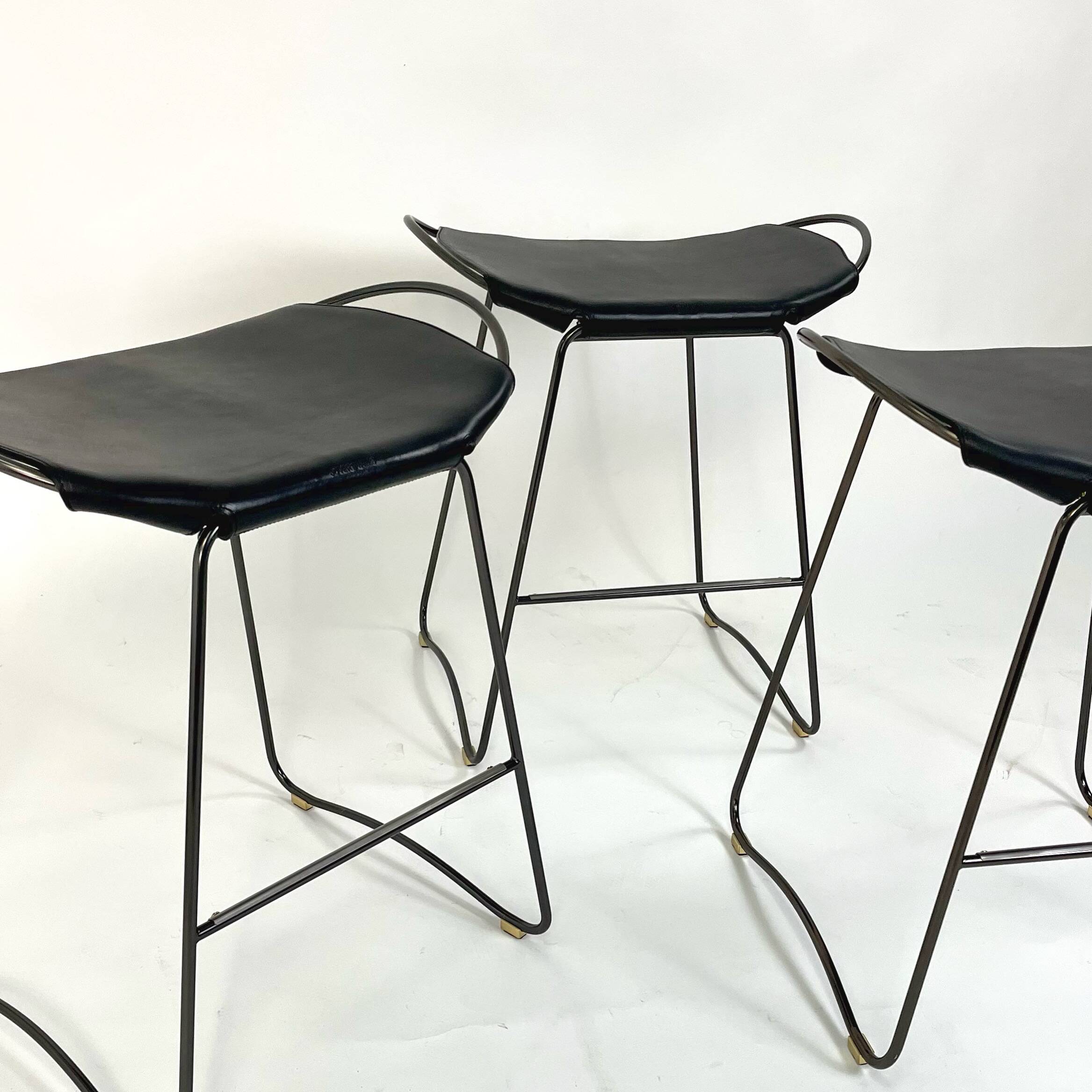 Contemporary Kitchen Counter Bar Stool Black Smoke Steel & Black Leather