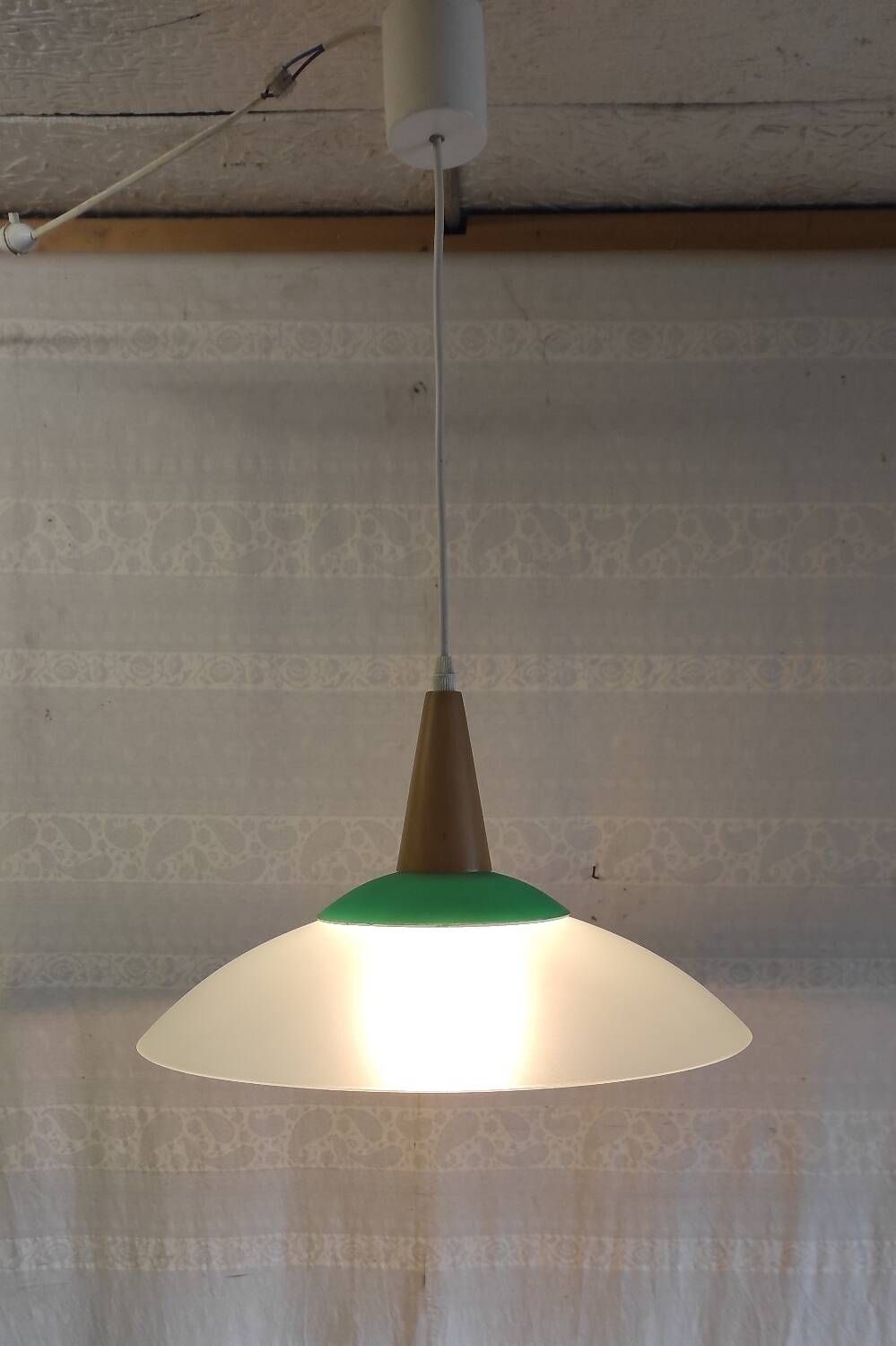 Scandinavian style pendant light in glass and wood - late 20th century