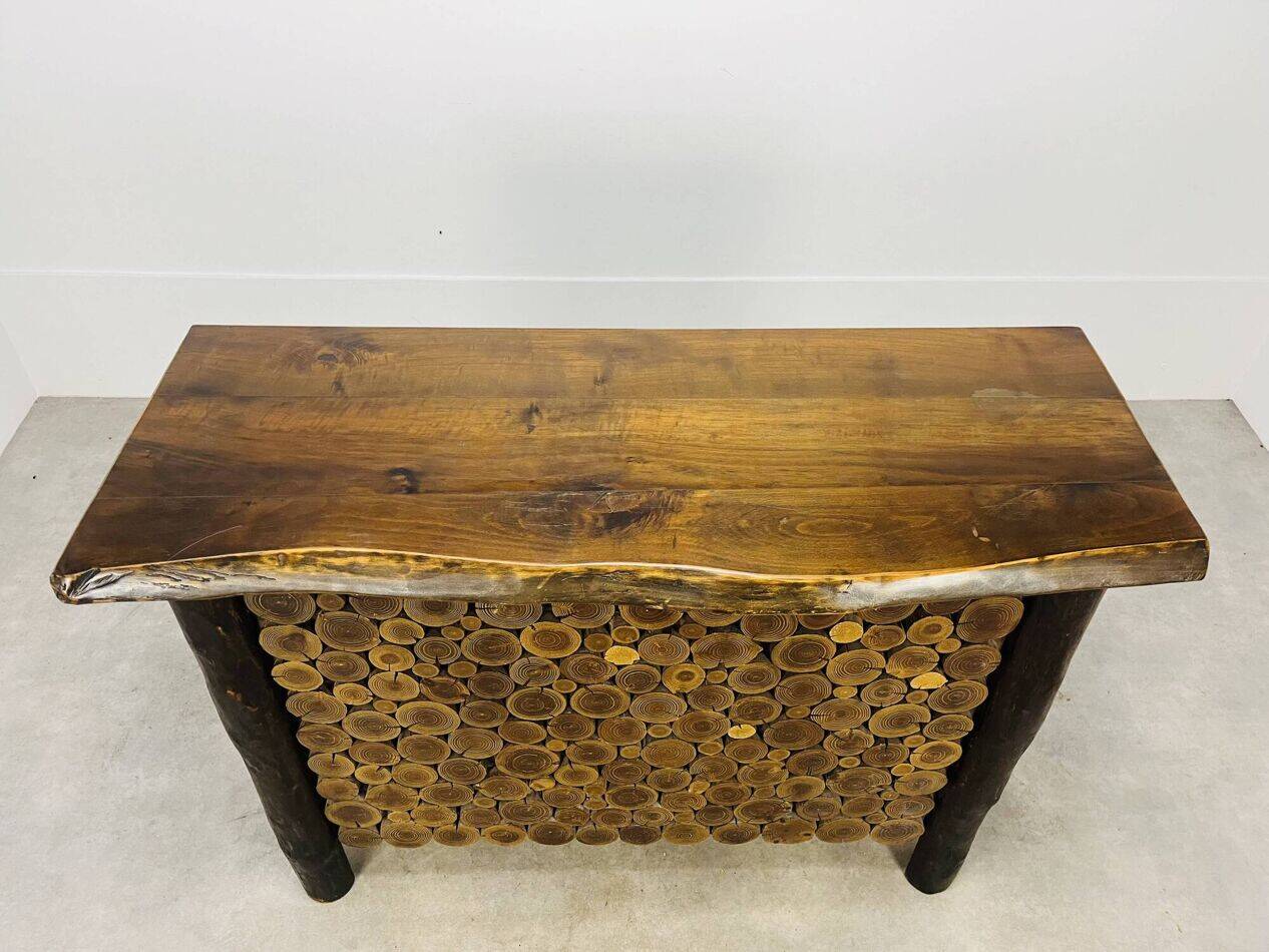 Brutalist bar made of solid wood logs, chalet style, 1970s.