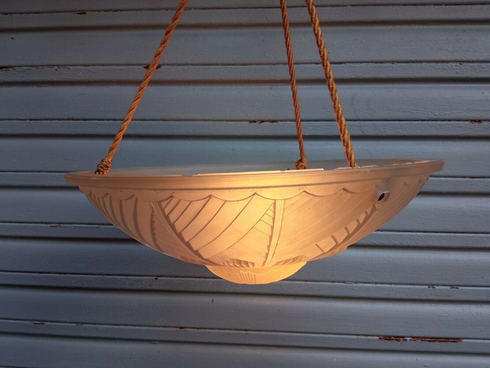 Art Deco ceiling lamp/chandelier in white pressed molded glass in working order