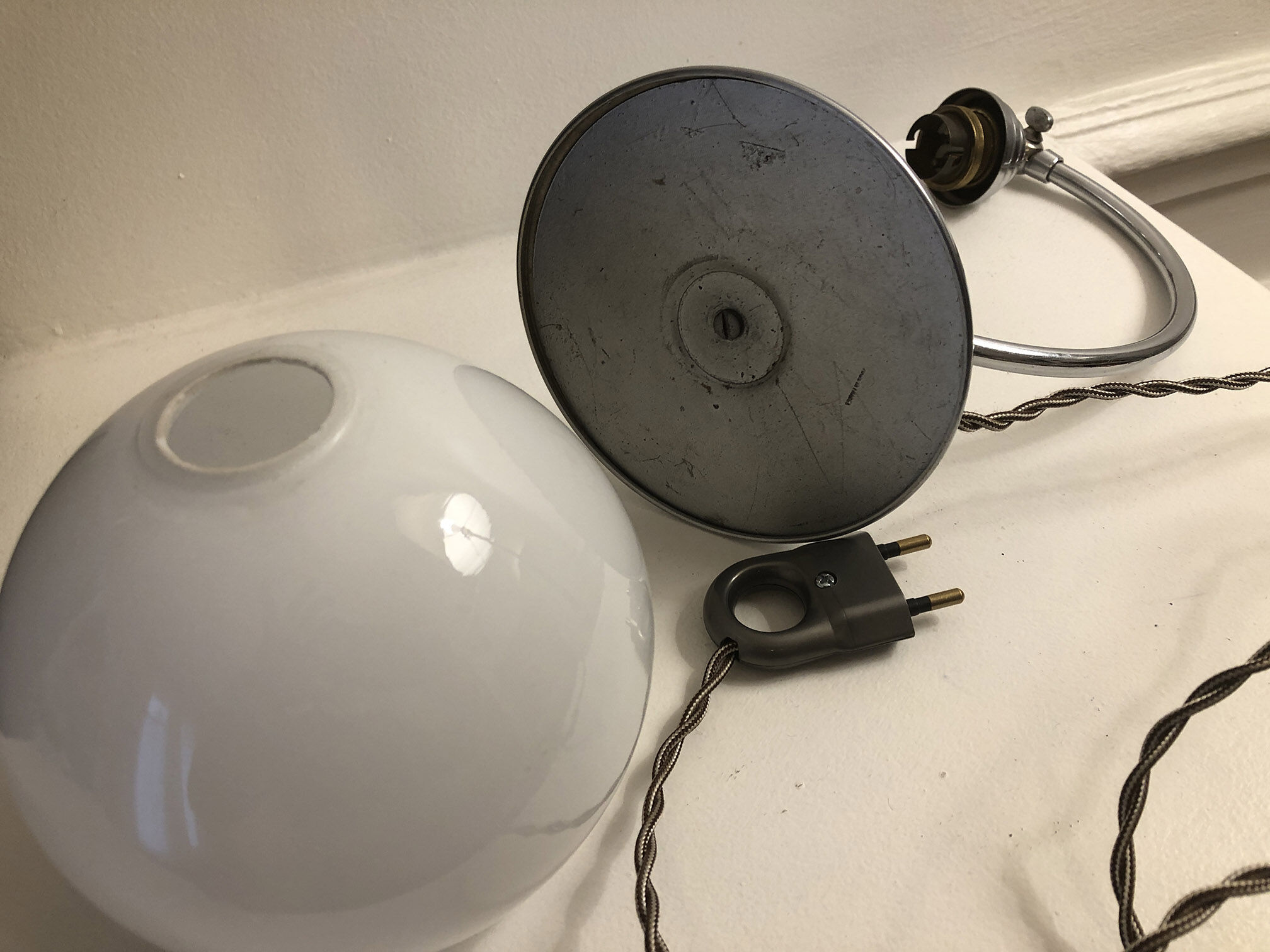 Antique articulated chrome lamp with opaline