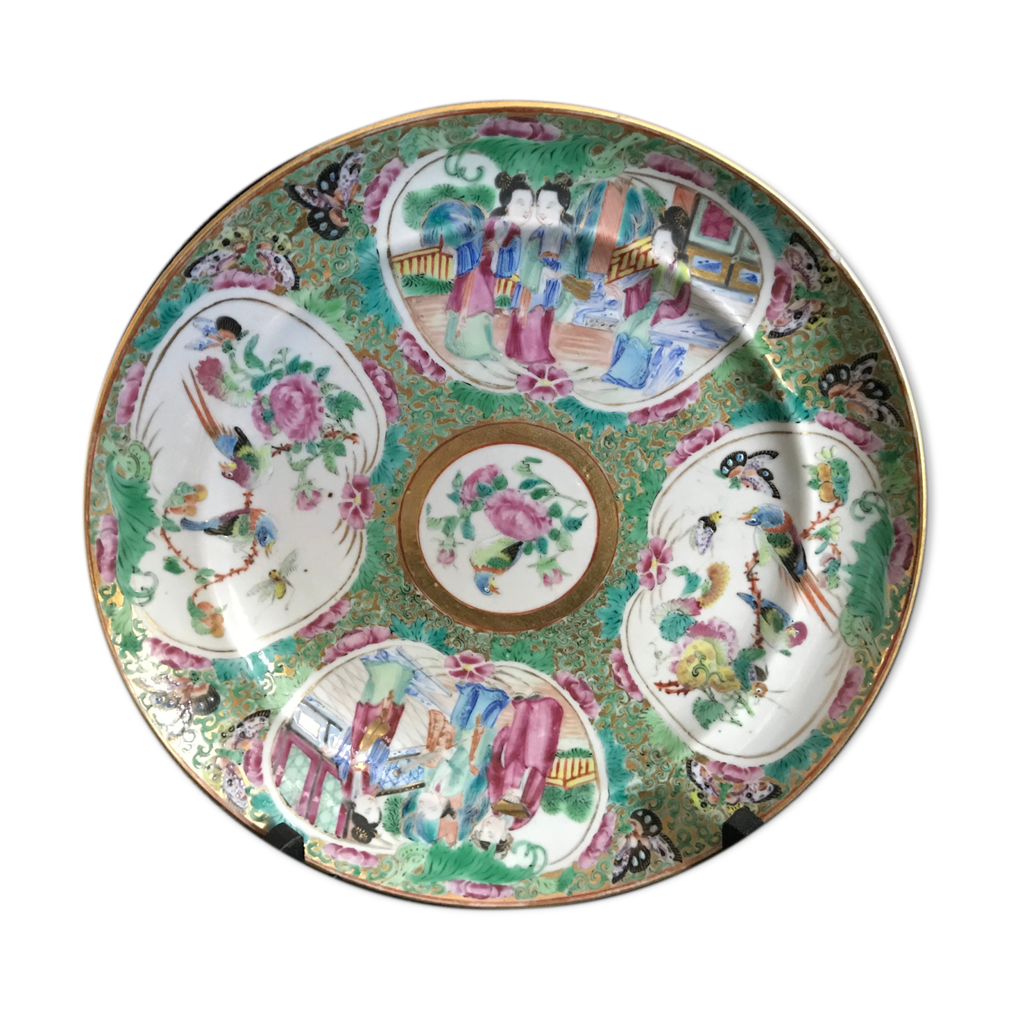 Canton porcelain plate - Character and Bird Decoration - China - 19th Century