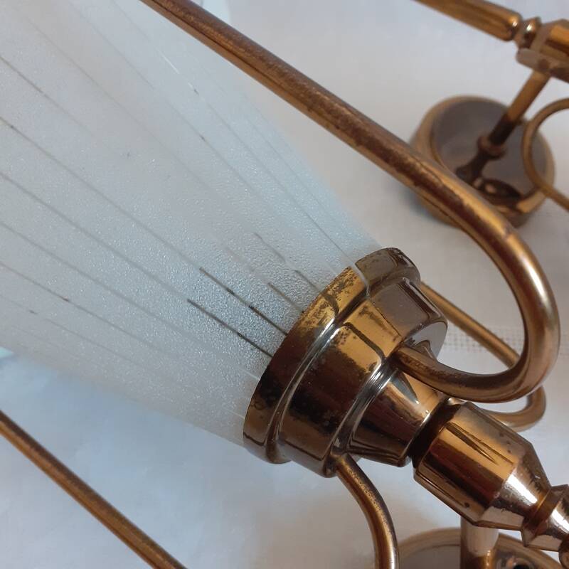 pair of wall-mounted torch lights corner 1950-1960 Arlus or Lunel glass metal