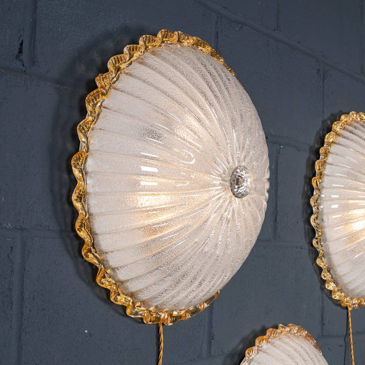 Vintage 20thc set of three frosted glass & brass wall lights, murano c.1980