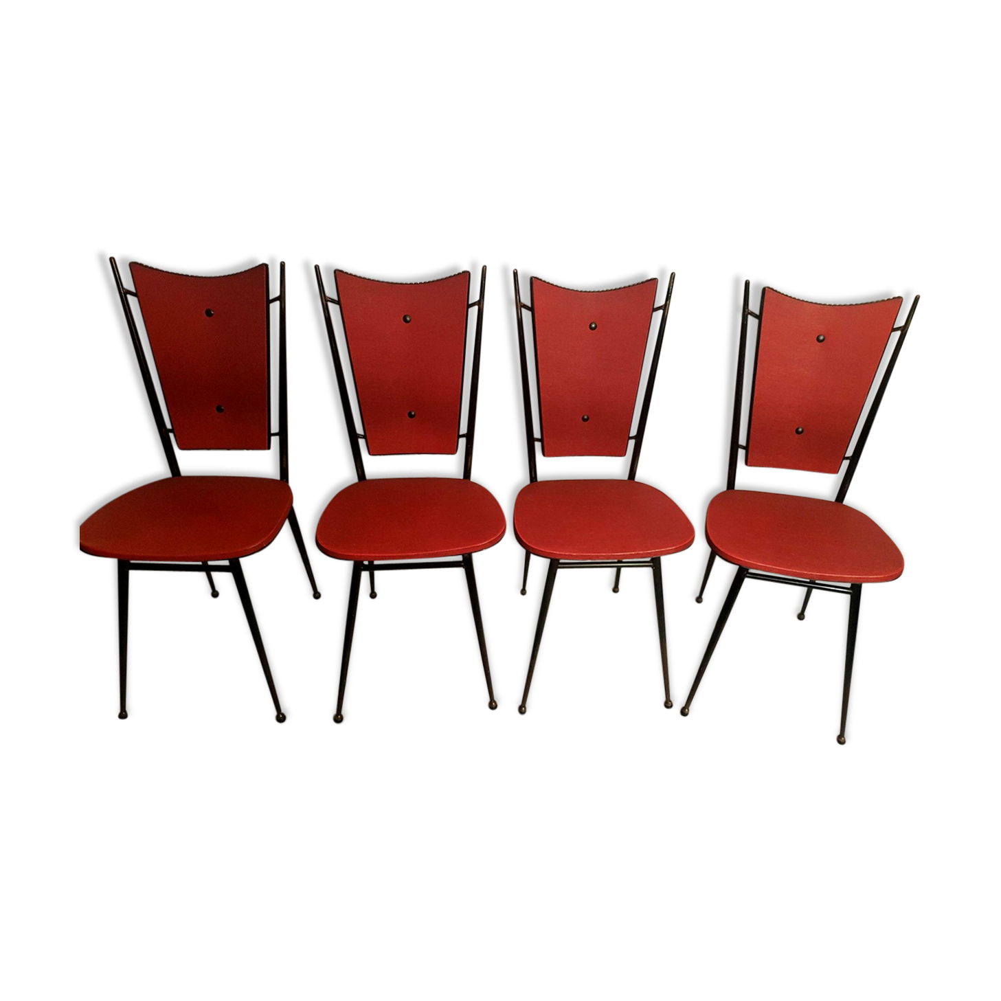 Série de 4 chaises 1950 skaï rouge pieds métal compas