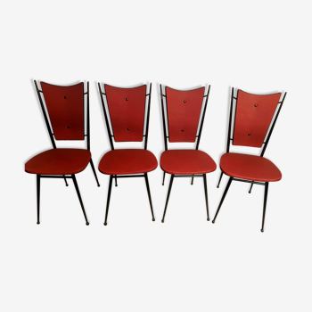 Série de 4 chaises 1950 skaï rouge pieds métal compas