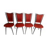 Série de 4 chaises 1950 skaï rouge pieds métal compas