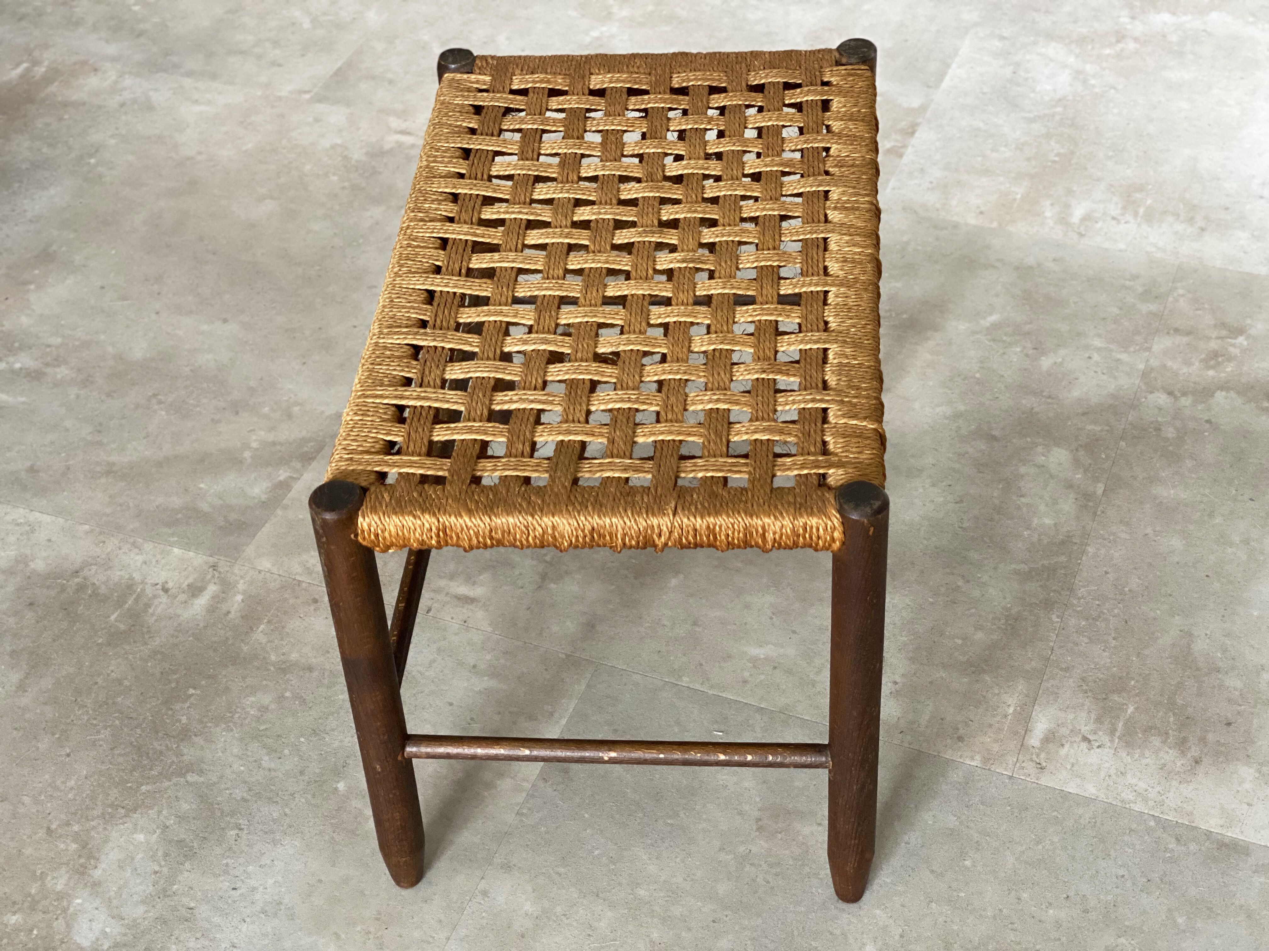 Mid Century wooden stool with a woven sisal seat