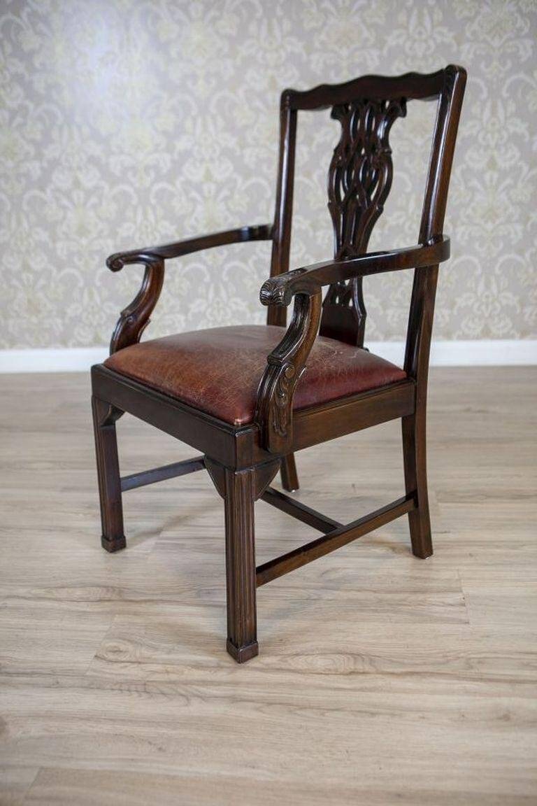 Late-19th Century English Walnut Chairs with Leather Upholstery, 1920s, Set of 4