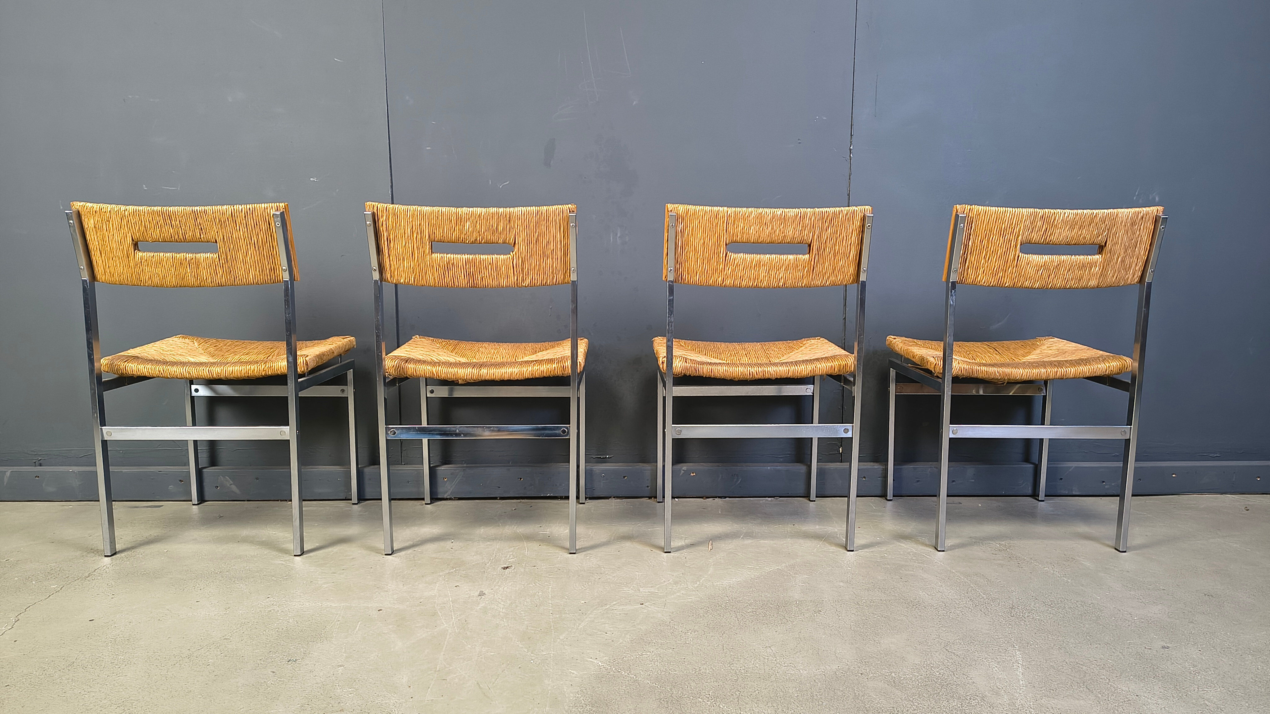 Belgian wicker and chrome dining chairs, 1970s - set of 4
